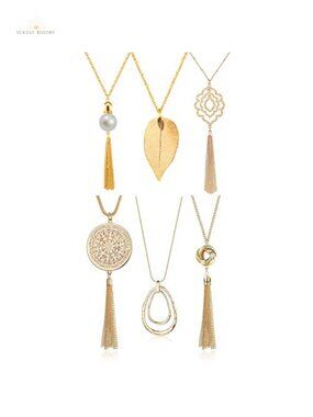 Long Pendant Necklace Set for Women Knot Disk Circle Tassel Statement Sweater